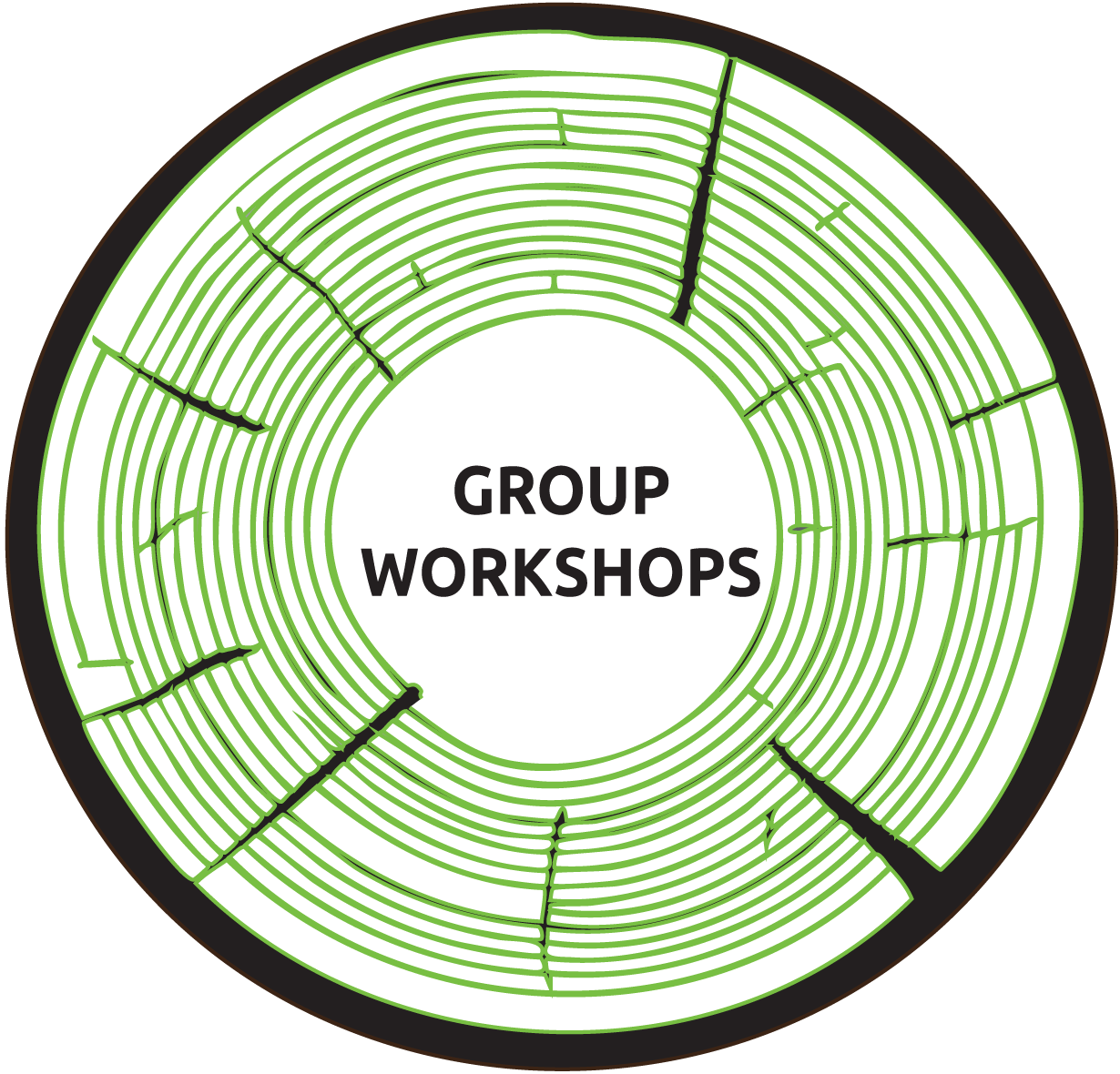 GROUP WORKSHOPS written in black inside a light green tree ring