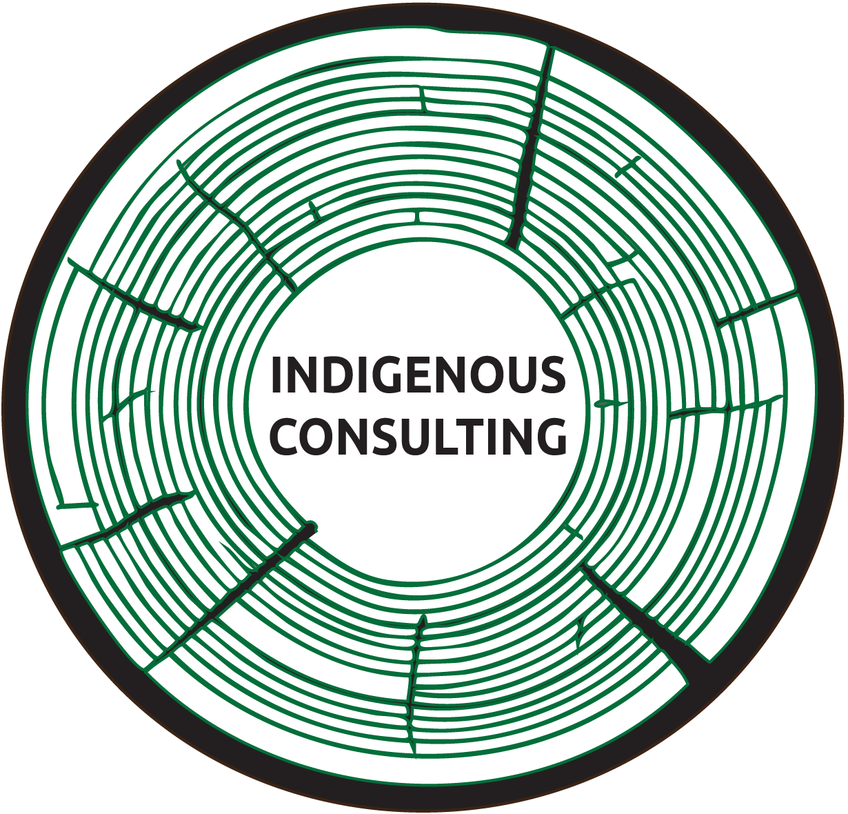 INDIGENOUS CONSULTING written in black inside a dark green tree ring
